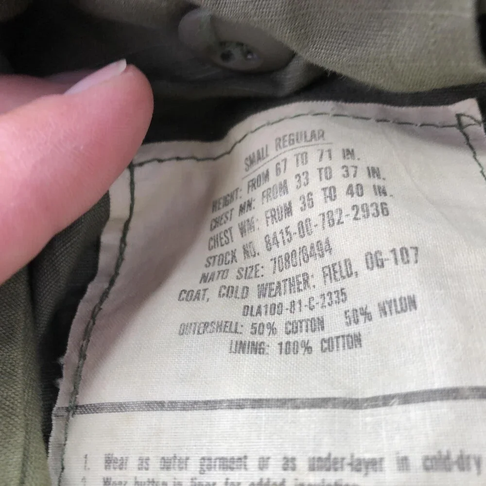 Vintage US Army Coat Mens Small Green Canvas Cold Weather Field Military OG-107